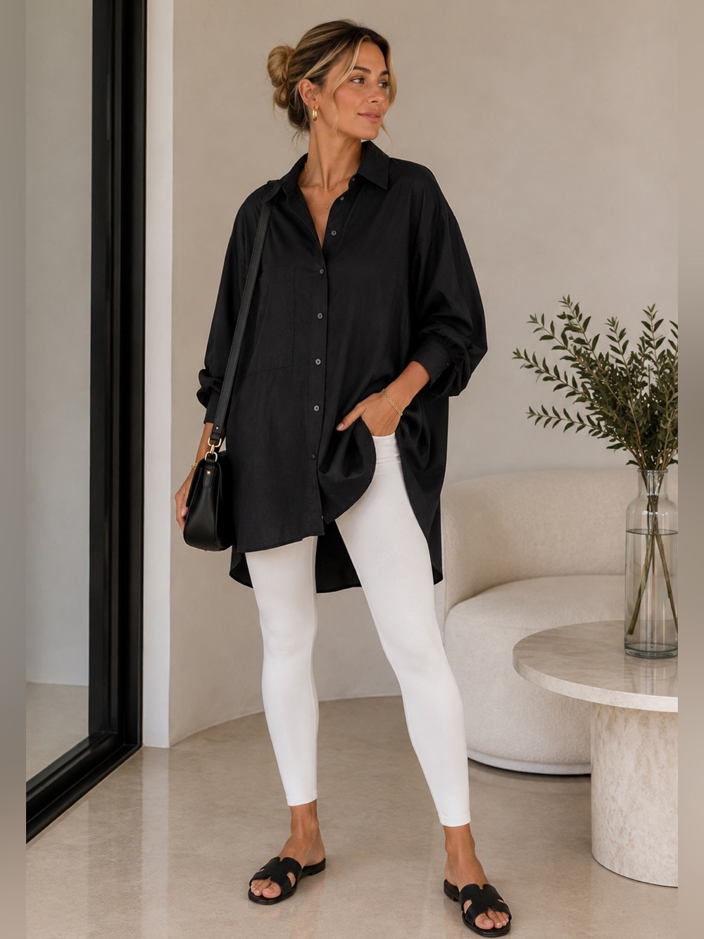 Topshop Black Button-Down Oversized Shirt